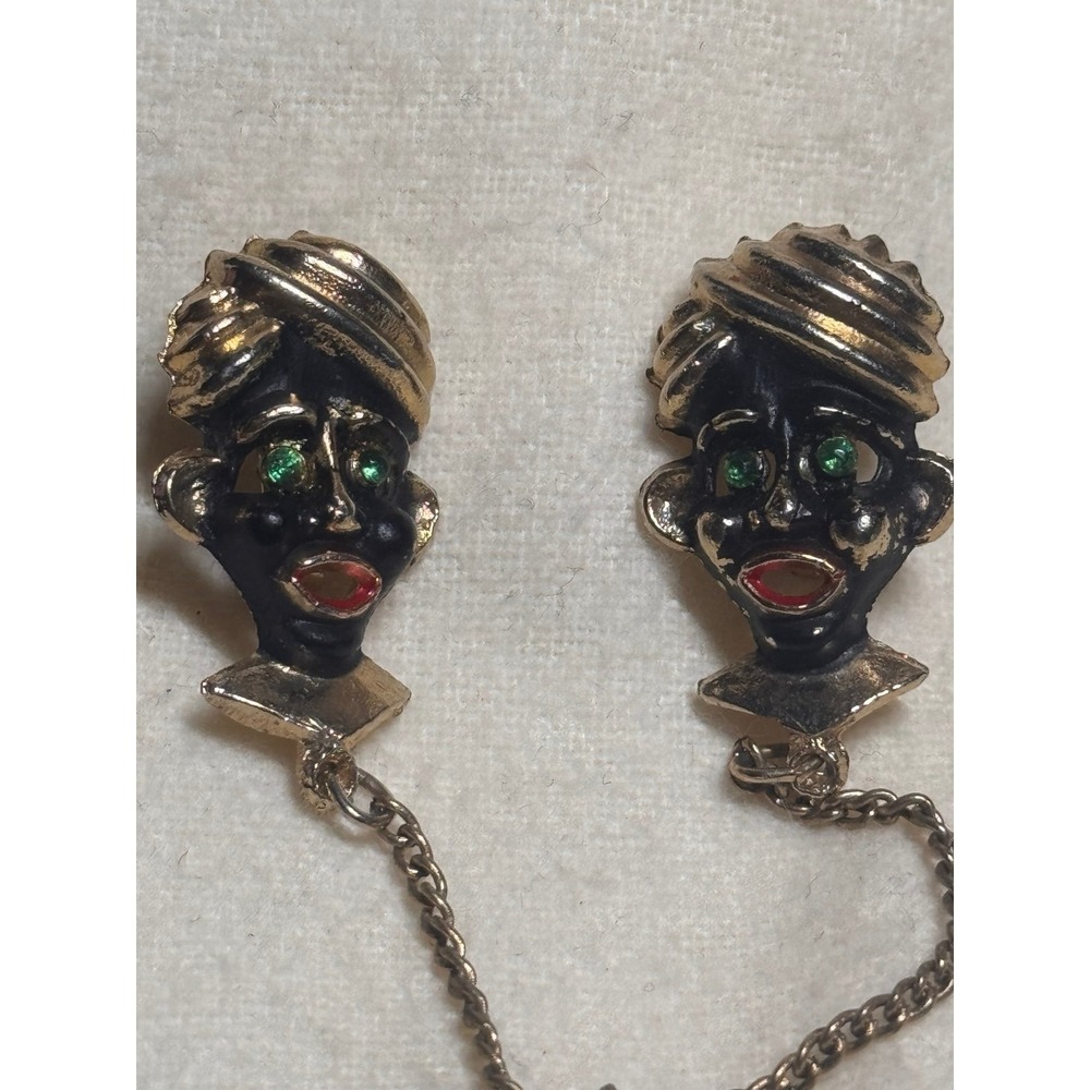 VTG Blackamoor Head Figure 1" Pin Brooch Pair Green Eyes Sweater Clips - Picture 2 of 5
